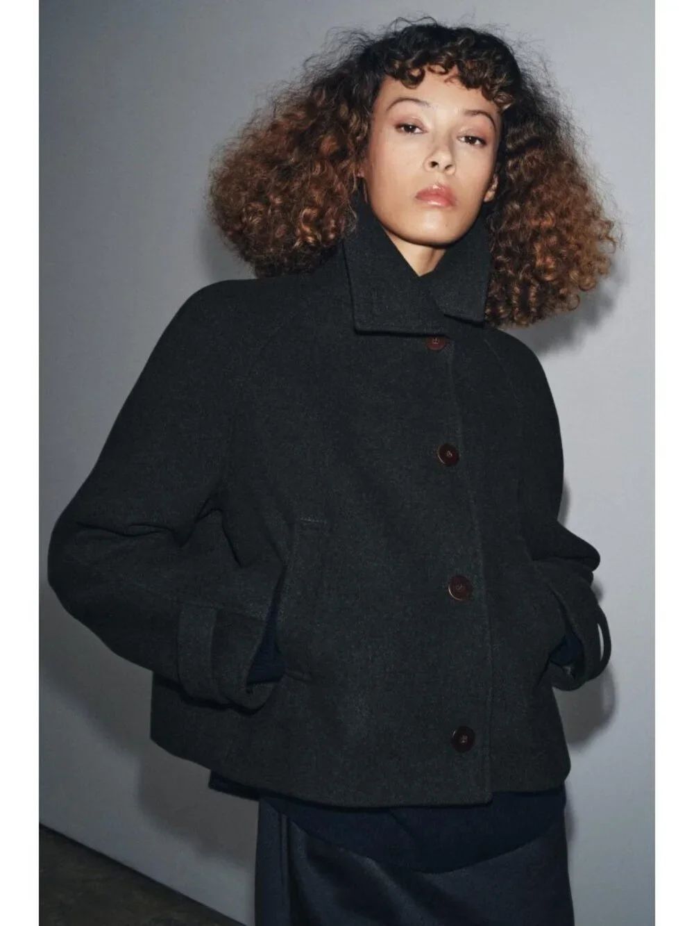 Zara Womens Cropped Wool Blend Coat Jacket M Medium Dark Gray 3811/253 NWT